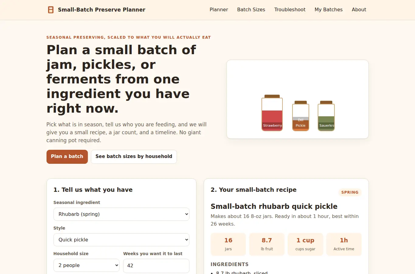 Screenshot of Small-Batch Preserve Planner interface showing the project page in use